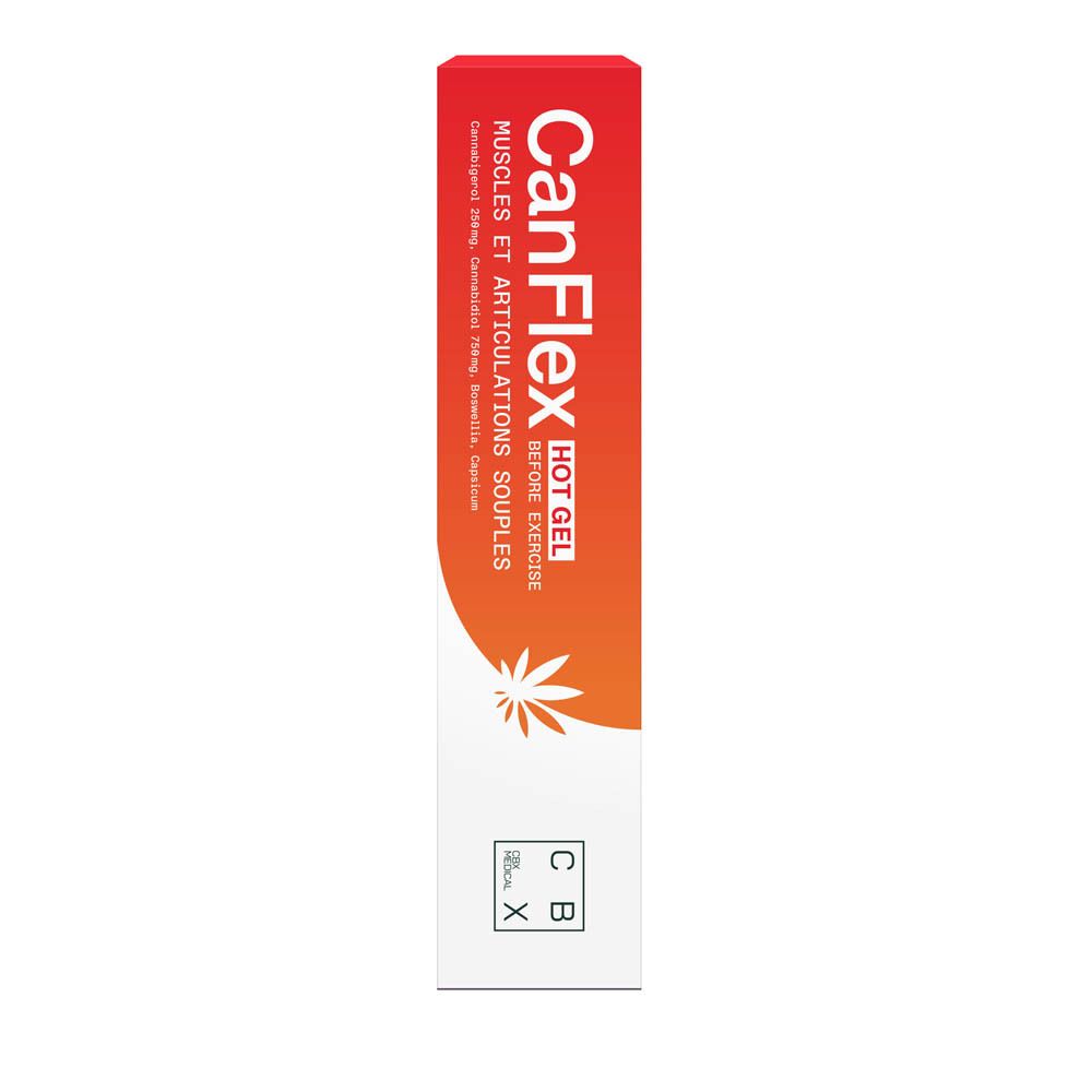 Emballage du produit. CanFlex Hot Gel. Logo CBD Medical X. Texte en français.