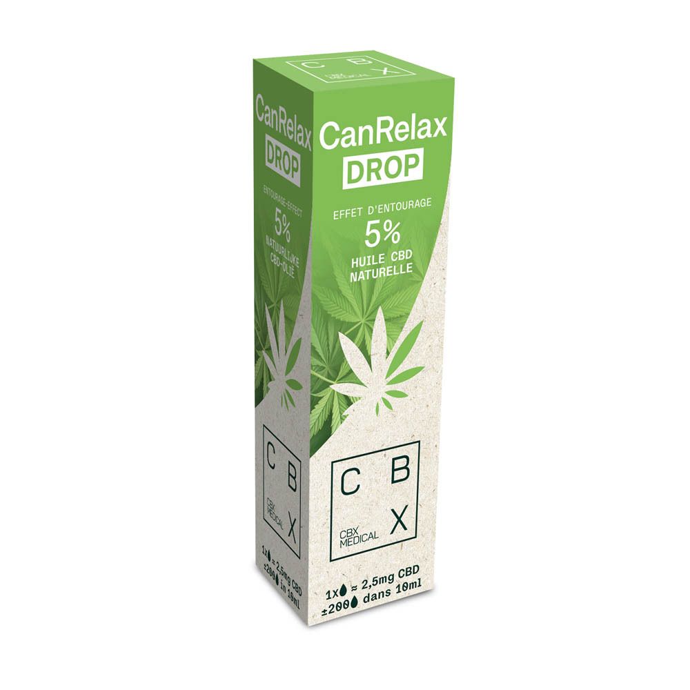 Boîte verte avec texte blanc: CanRelax DROP, 5% huile CBD. Marque: CBX Medical. Avec motif feuille de cannabis.