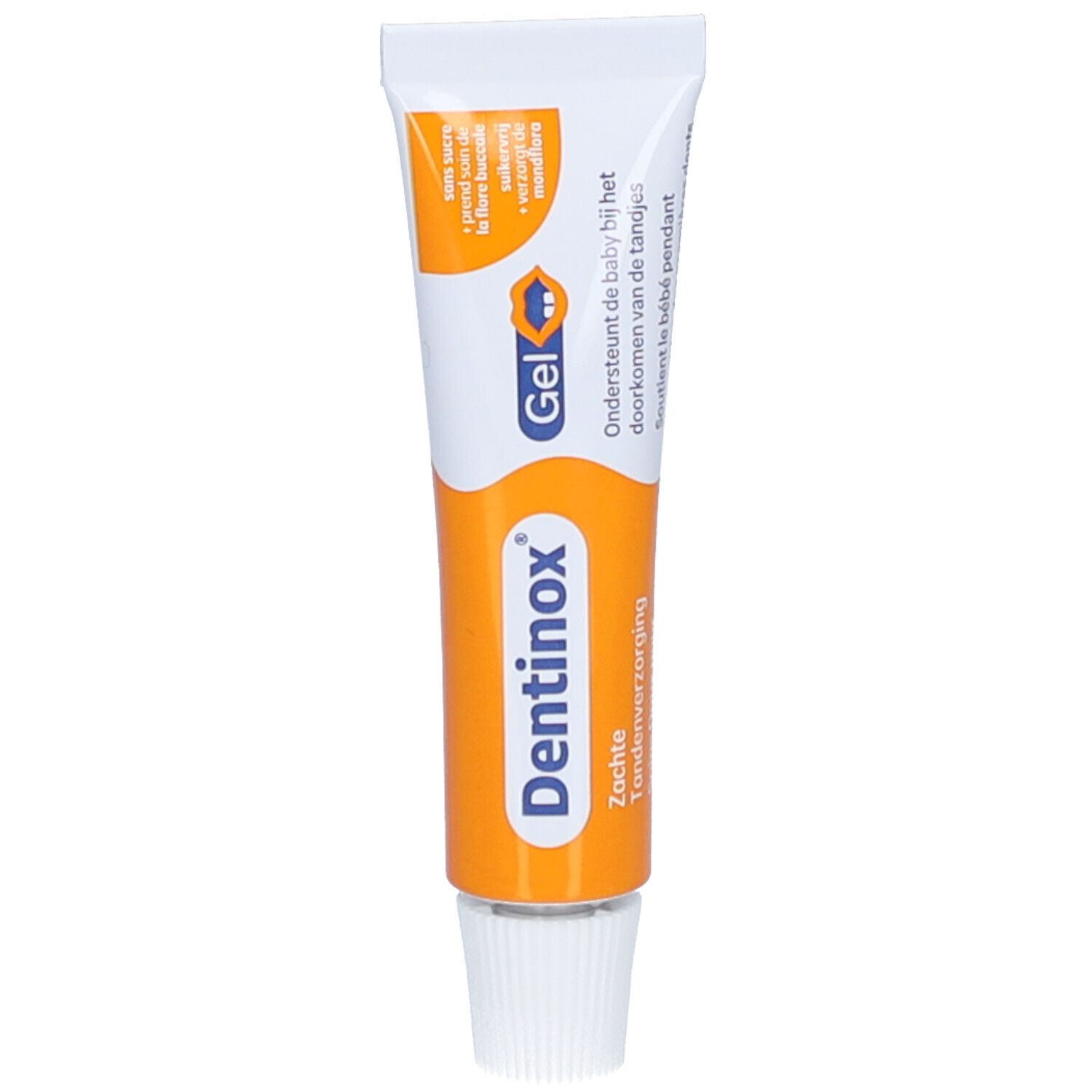 Tube de gel blanc et orange. Inscription: Dentinox Gel. Inscription: Zachte Tandenverzorging.