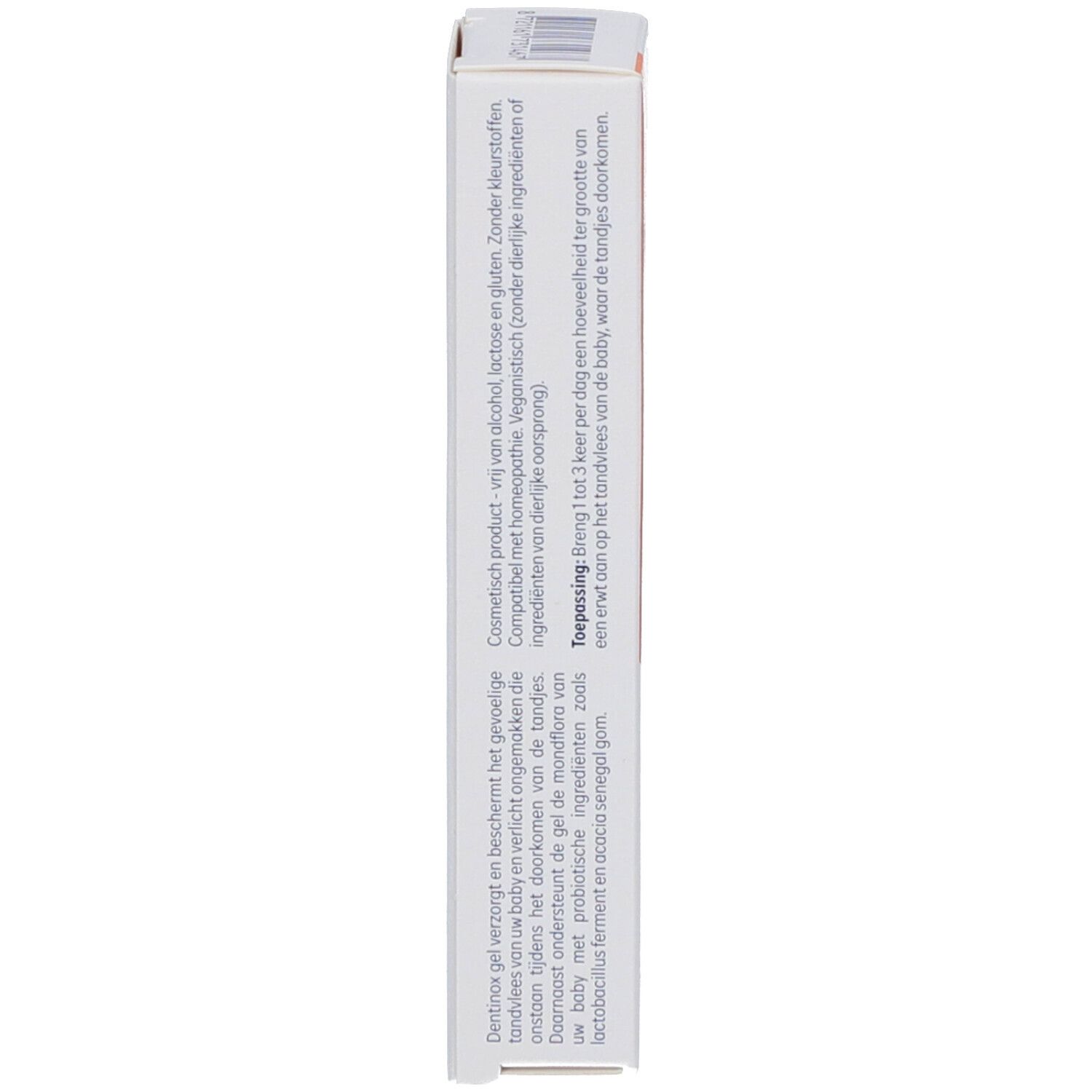 Emballage du produit, vue latérale. Texte en allemand et néerlandais. Inscription: Dentinox.