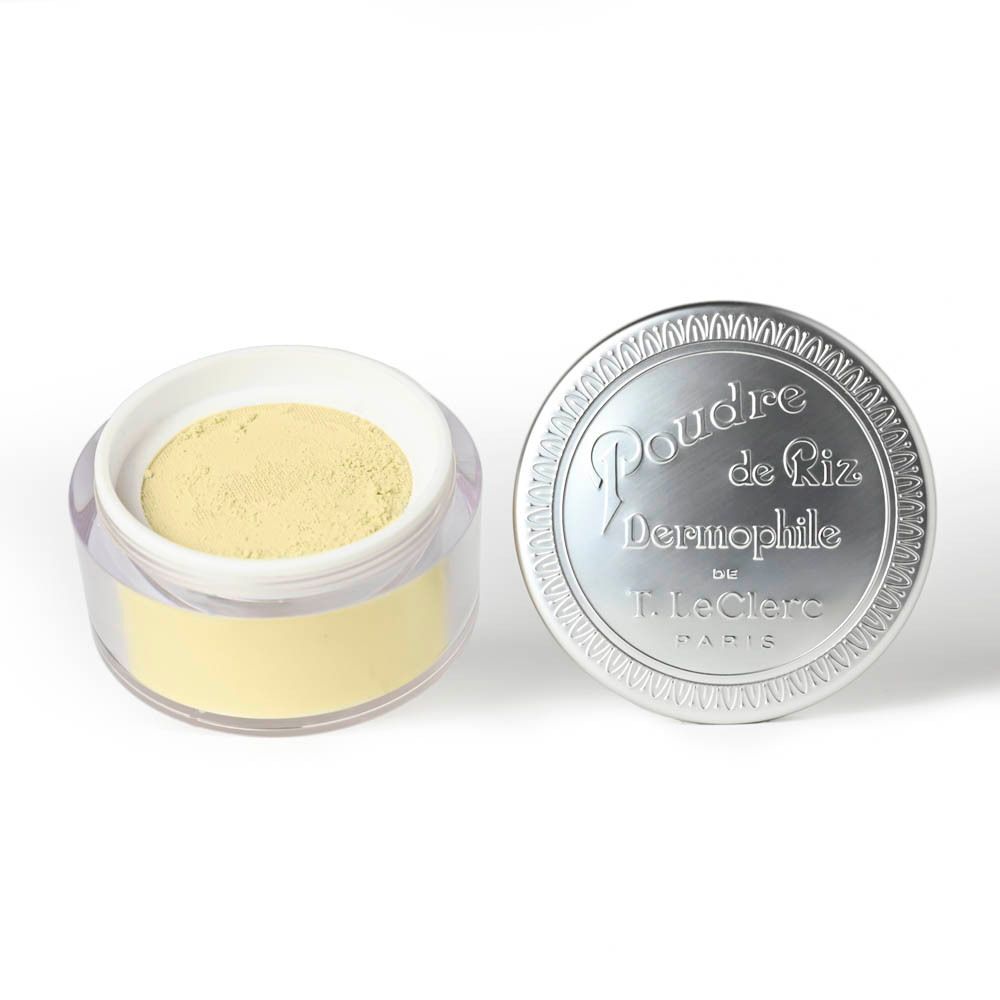 Pot ouvert avec poudre jaune. Couvercle argenté avec texte : Poudre de Riz Dermophile, T. LeClerc.