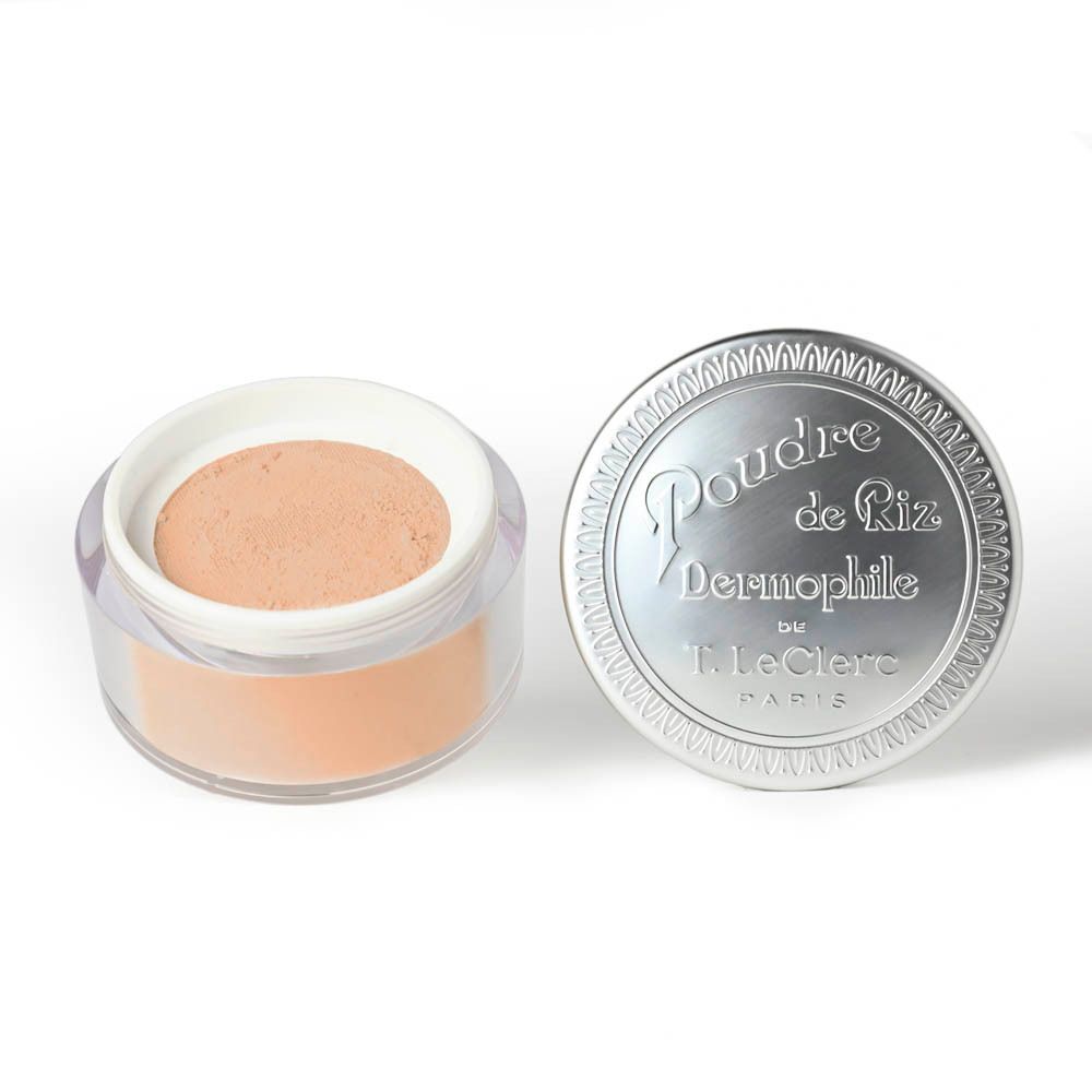 Pot ouvert T. LeClerc Poudre de Riz Dermophile. Couvercle argenté, poudre beige.