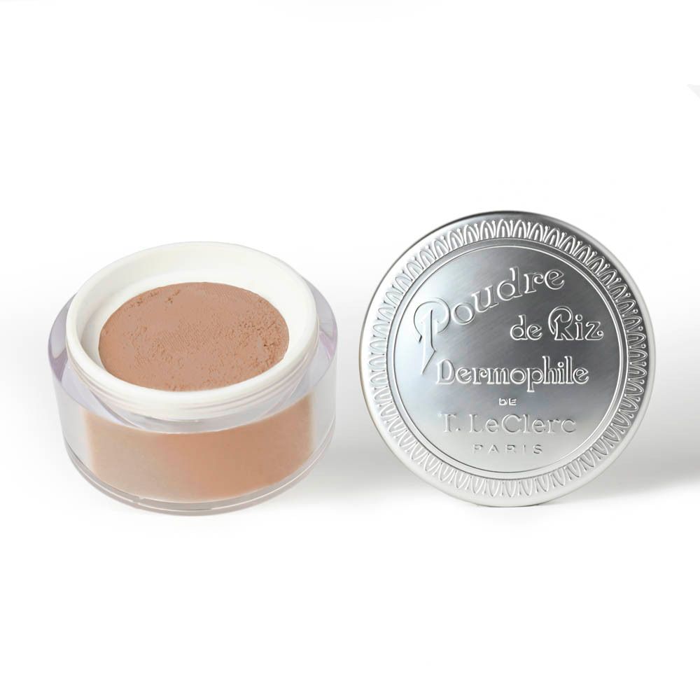 Pot ouvert Poudre de Riz Dermophile. Couvercle argenté, poudre beige. Inscription: T. LeClerc Paris.