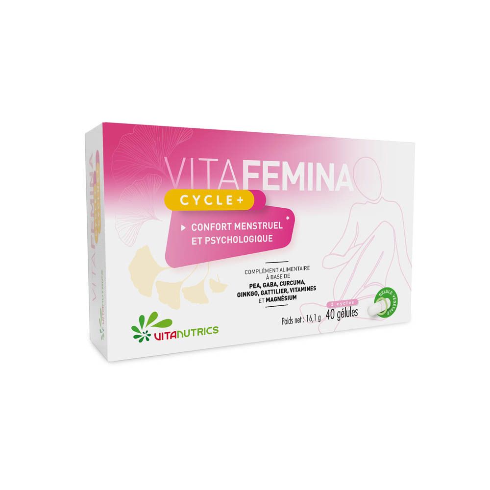 Boîte de Vitanutrics Vitafemina Cycle+. Emballage rose et blanc avec nom du produit et informations.