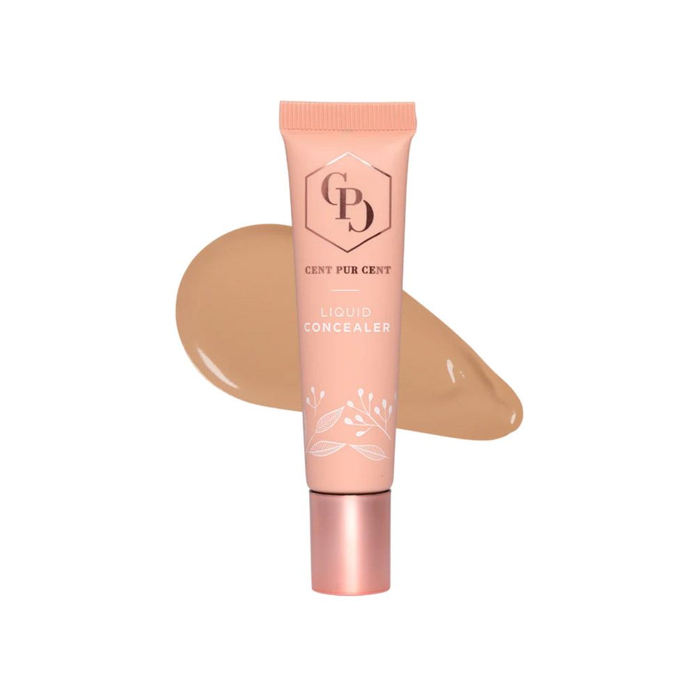 Tube et échantillon de produit. Inscription : Cent Pur Cent, Liquid Concealer. Logo : CPD. Teinte beige.