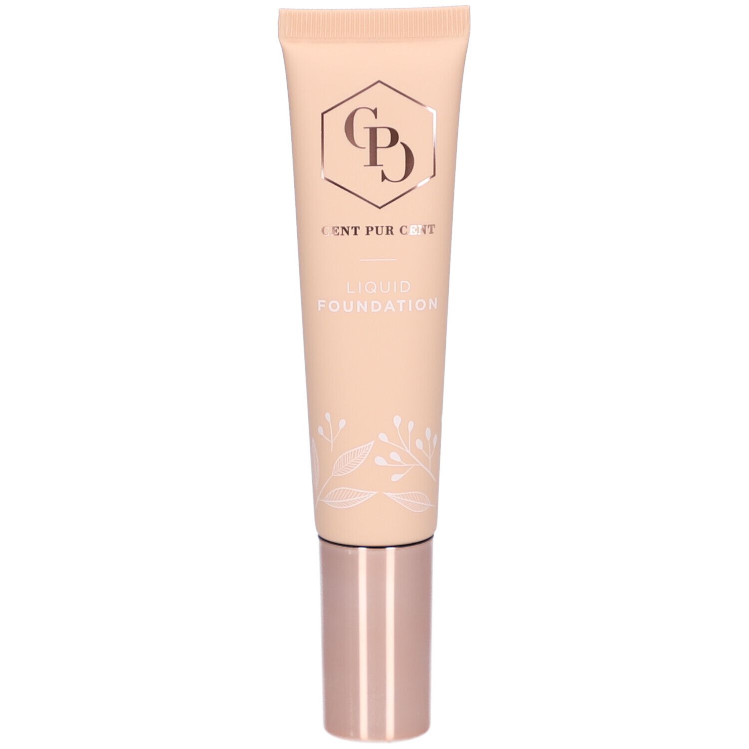 Tube beige avec bouchon or rose. Inscription: Cent Pur Cent Liquid Foundation. Logo: C P C.