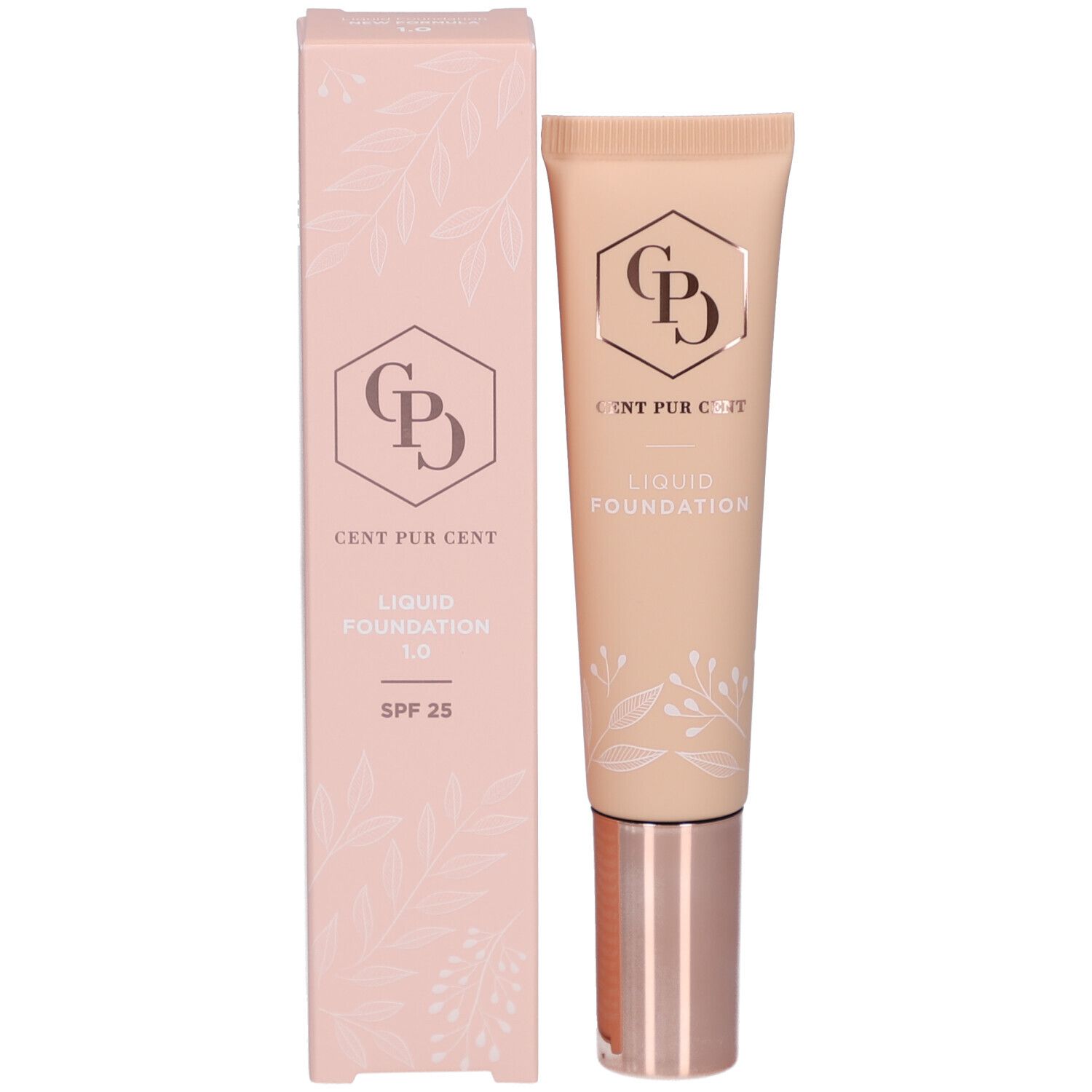 Tube et emballage. Inscription: Cent Pur Cent Liquid Foundation 1.0. Avec logo et SPF 25.