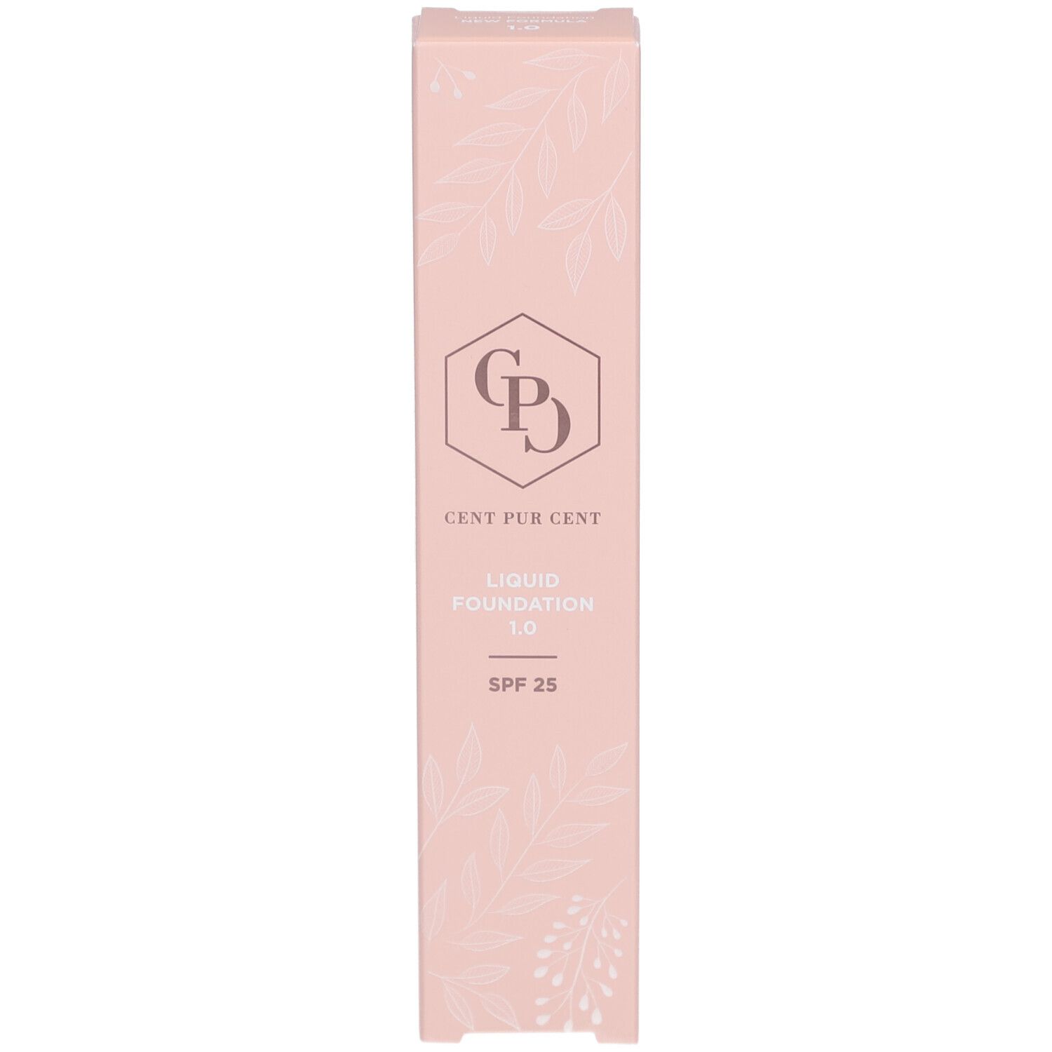 Emballage rose. Inscription: Cent Pur Cent Liquid Foundation 1.0. Avec logo et SPF 25.