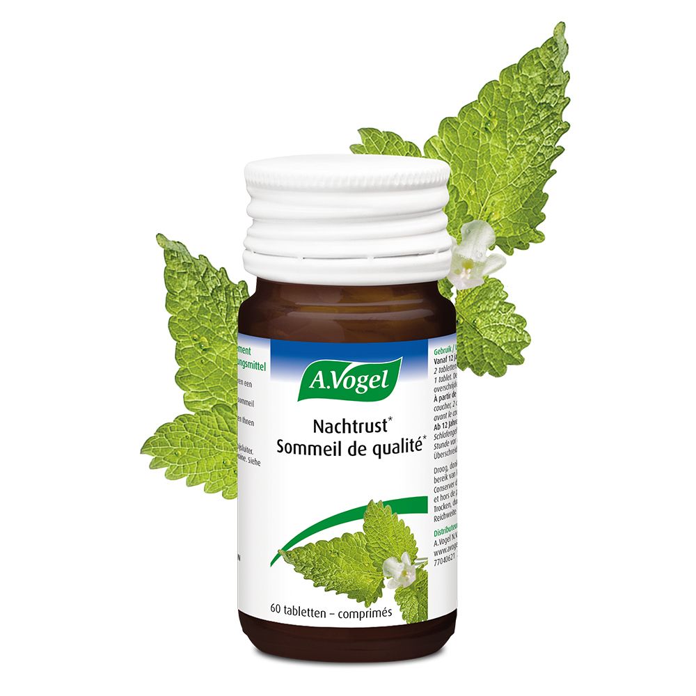 Flacon en verre brun, bouchon blanc. A. Vogel Nachtrust Sommeil de qualité, 60 comprimés. Décor menthe.