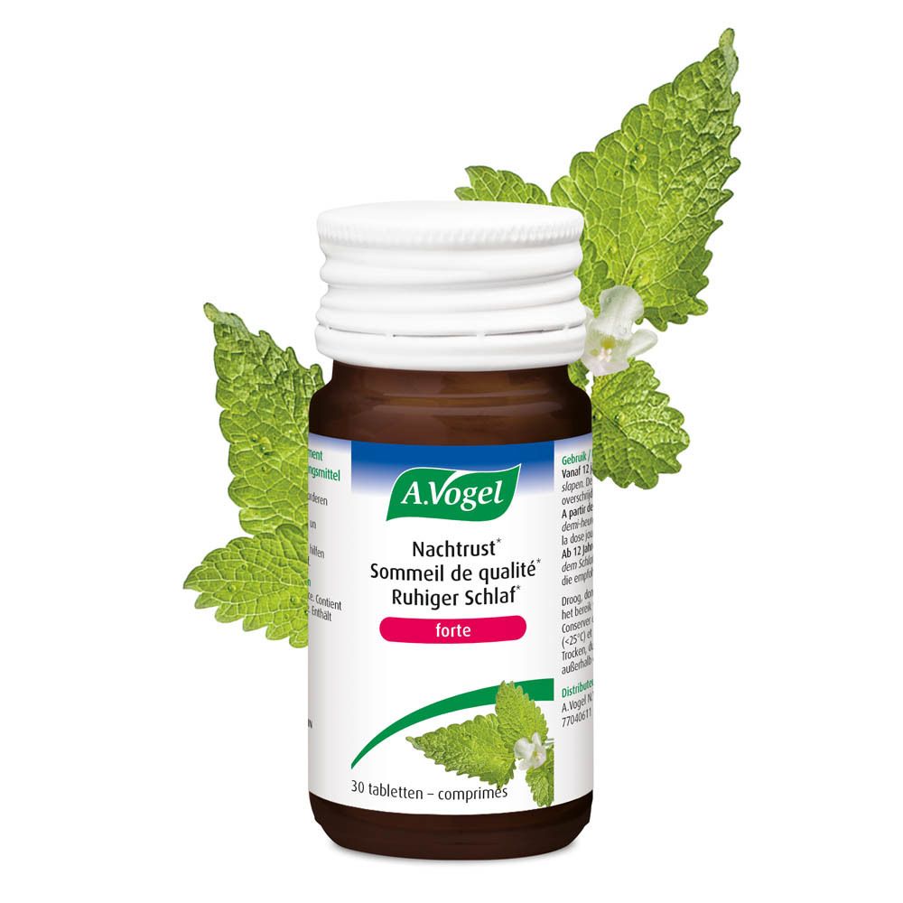 Flacon en verre brun. A.Vogel Nachtrust forte. 30 comprimés. Bouchon blanc.