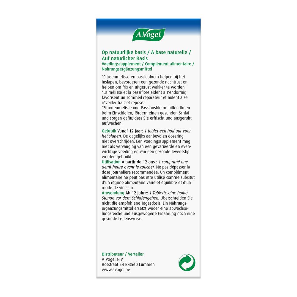 Flacon en verre brun. A.Vogel Nachtrust forte. 30 comprimés. Bouchon blanc.