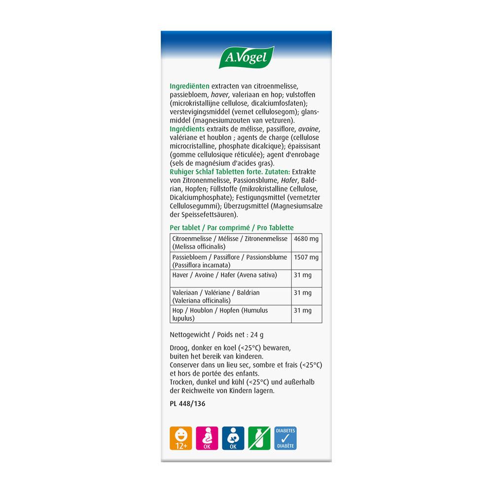Flacon en verre brun. A.Vogel Nachtrust forte. 30 comprimés. Bouchon blanc.