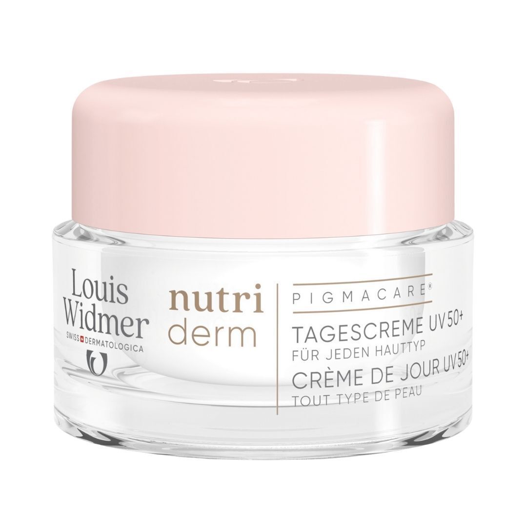 Pot de crème avec couvercle rose. Inscription: Louis Widmer, nutriderm, Crème de jour UV50+.