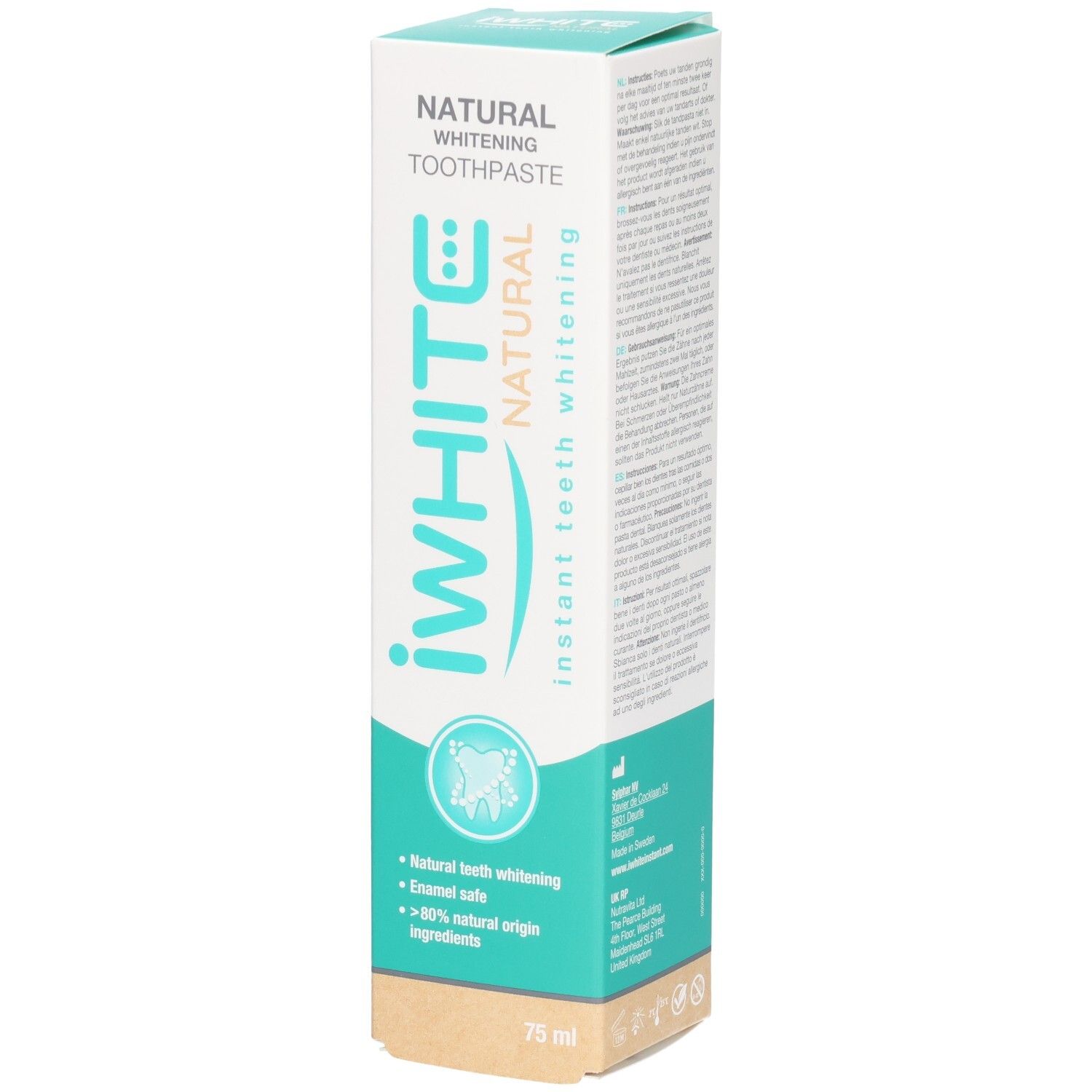 Emballage de dentifrice blanchissant naturel Iwhite avec informations sur le blanchiment naturel des dents et les ingrédients.