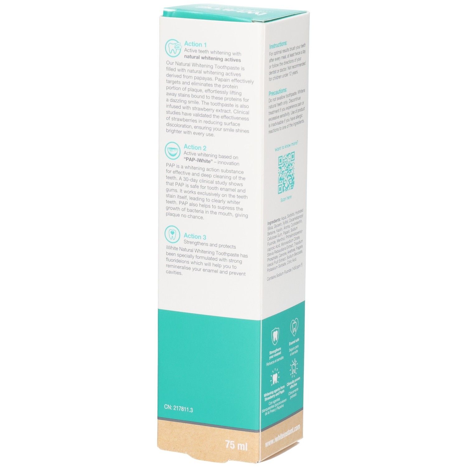Vue latérale de l'emballage du dentifrice blanchissant naturel Iwhite avec des détails sur les actions 1, 2 et 3.