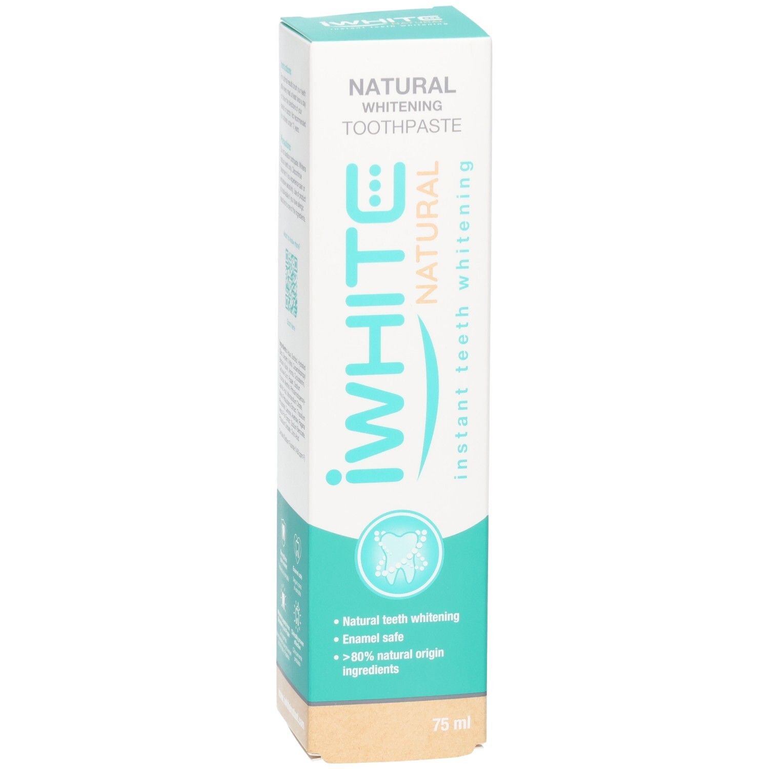 Emballage de dentifrice blanchissant naturel Iwhite mettant en avant le blanchiment naturel des dents et les ingrédients d'origine naturelle.