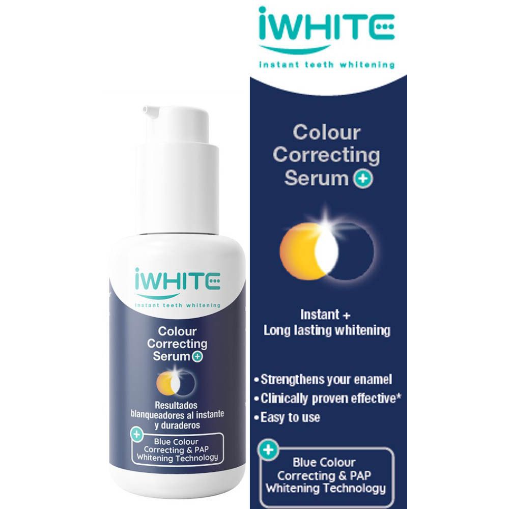 Produit iWHITE avec pompe et emballage. Contient le nom du produit, le logo et des informations.