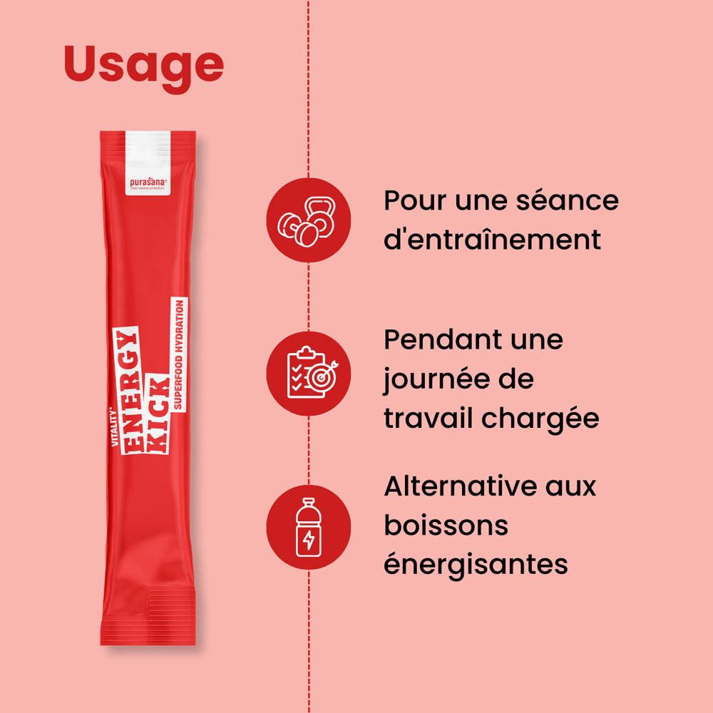 Boîte rouge avec produit. Inscription : Energy Kick, Superfood Hydration. Sachet de poudre. Fraises.