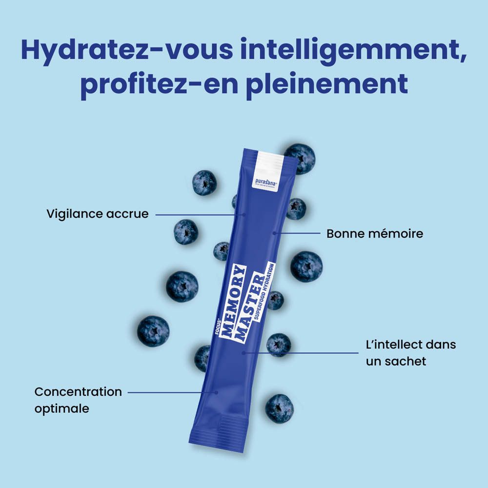 Boîte bleue et blanche. Inscription "Memory Master" et "Purasana". Emballage individuel de 10 sticks. Myrtilles.