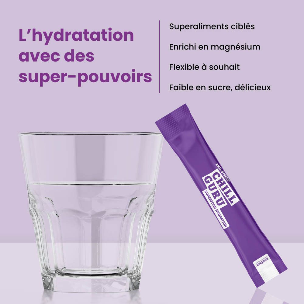 Boîte en carton lilas Purasana. Inscription : Chill Guru, Superfood Hydration. Sachet de sticks de poudre.