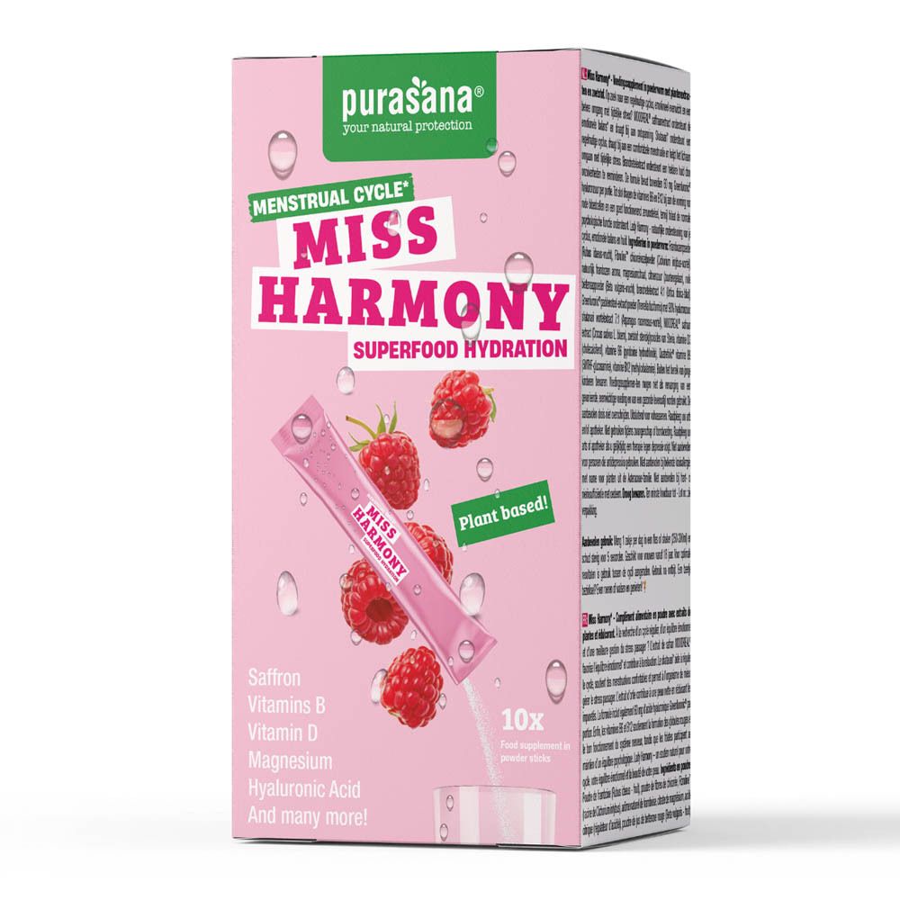 Boîte rose avec texte et informations sur le produit. Texte: Miss Harmony, Superfood Hydration.
