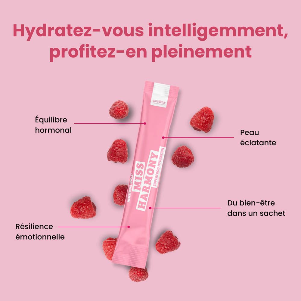 Boîte rose avec image du produit, framboises et sachet. Texte: Miss Harmony, Superfood Hydration.