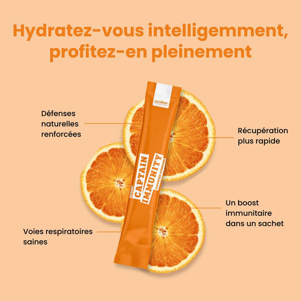 Boîte orange avec produit. Inscription: Captain Immunity, Superfood Hydration. Contient 10 sticks.