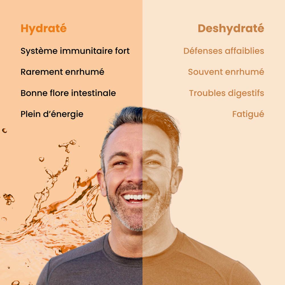 Boîte orange avec produit. Inscription: Captain Immunity, Superfood Hydration. Contient 10 sticks.