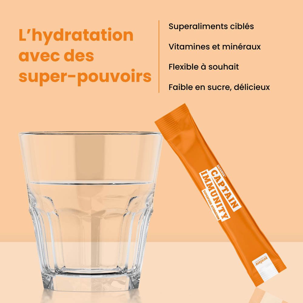 Boîte orange avec produit. Inscription: Captain Immunity, Superfood Hydration. Contient 10 sticks.
