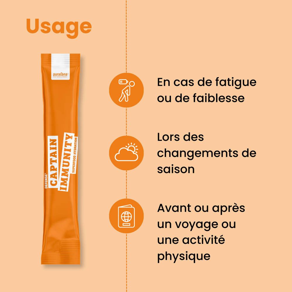 Boîte orange avec produit. Inscription: Captain Immunity, Superfood Hydration. Contient 10 sticks.