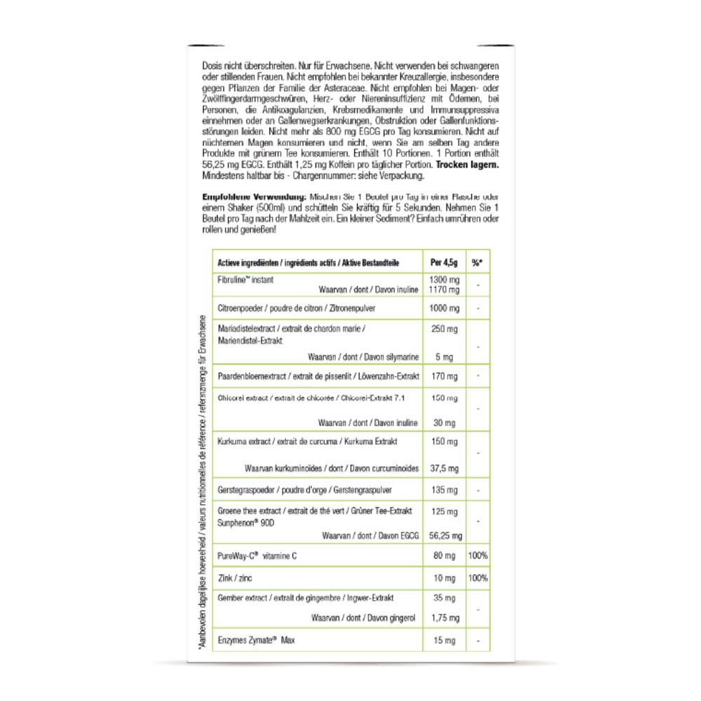 Dos de l'emballage du produit. Texte avec ingrédients et informations nutritionnelles. Purasana D-Tox Hero.