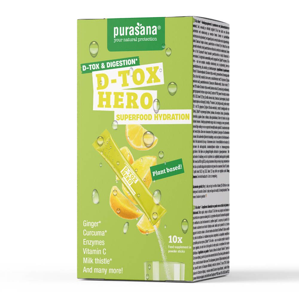 Dos de l'emballage du produit. Texte avec ingrédients et informations nutritionnelles. Purasana D-Tox Hero.