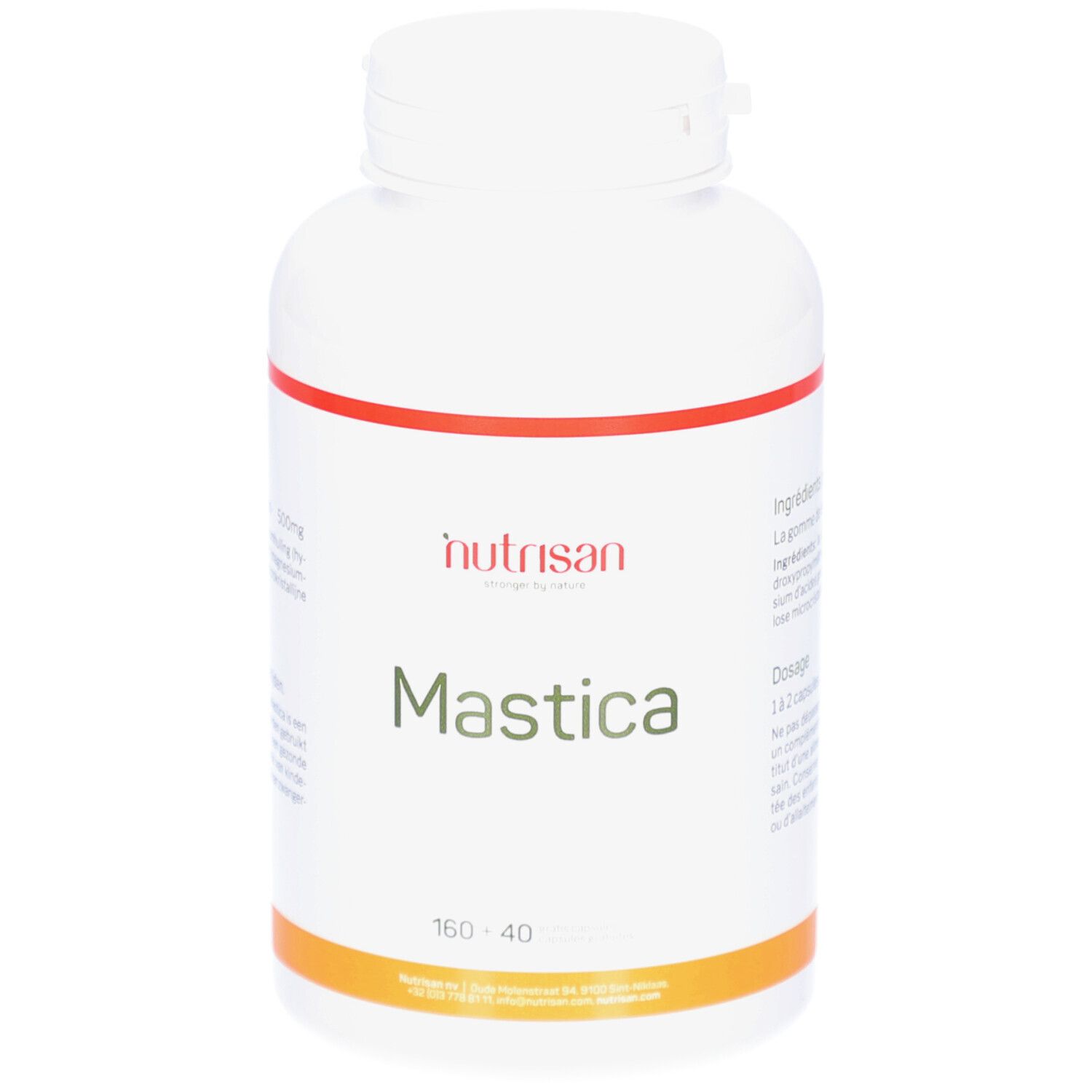 Flacon blanc avec bande rouge et orange. Inscription : Nutrisan Mastica, 160+40. Capsules.