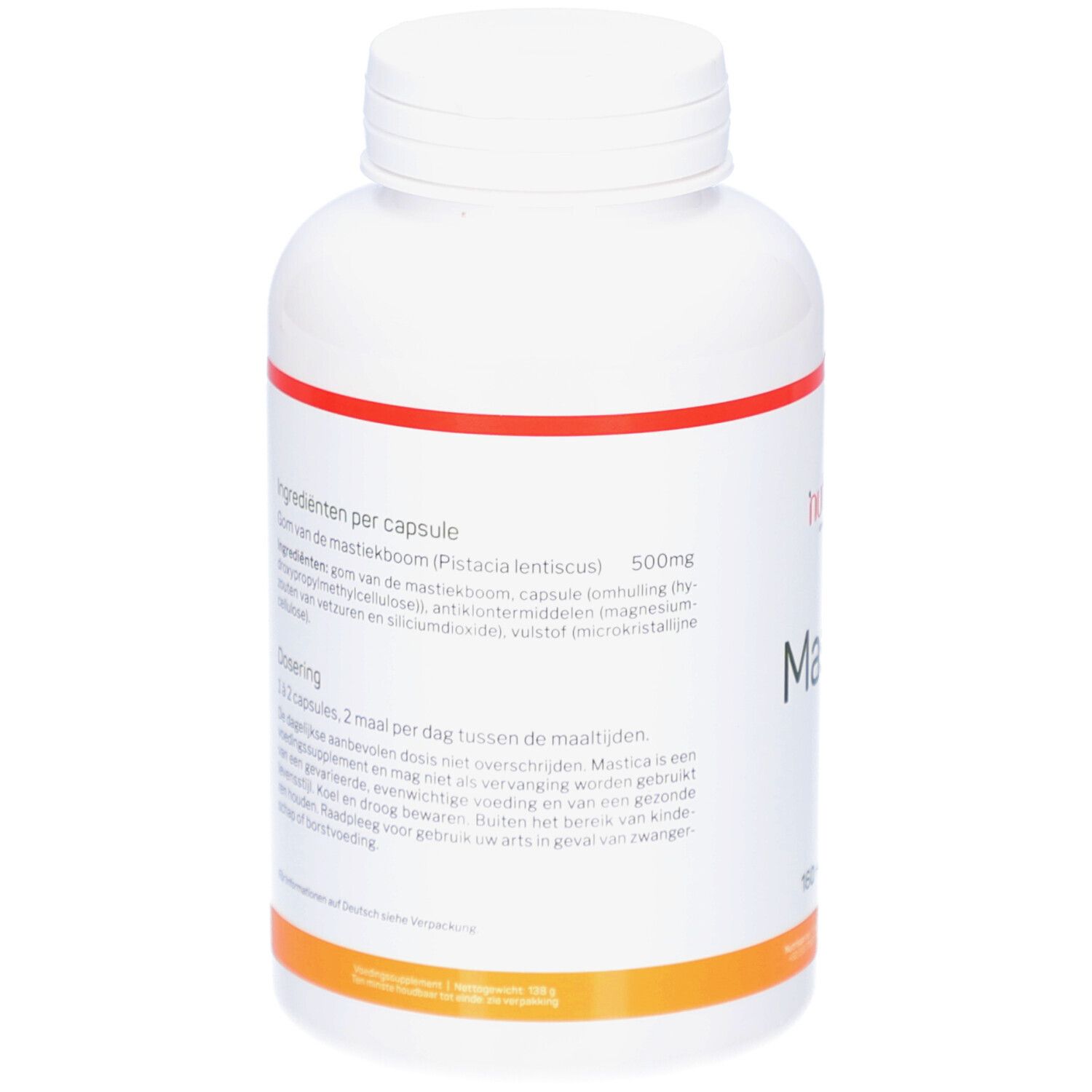 Dos du flacon blanc. Texte avec ingrédients et posologie. Bande rouge et orange.