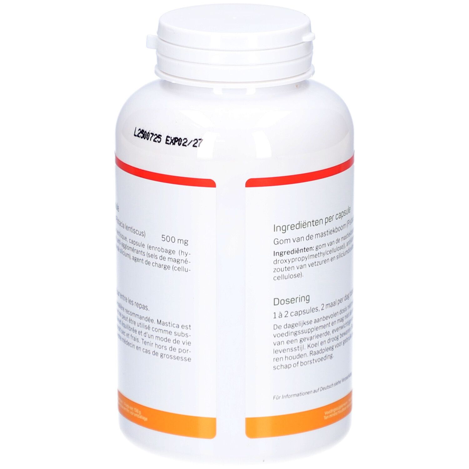 Dos du flacon blanc. Texte avec ingrédients et posologie. Bande rouge et orange. Date de péremption.