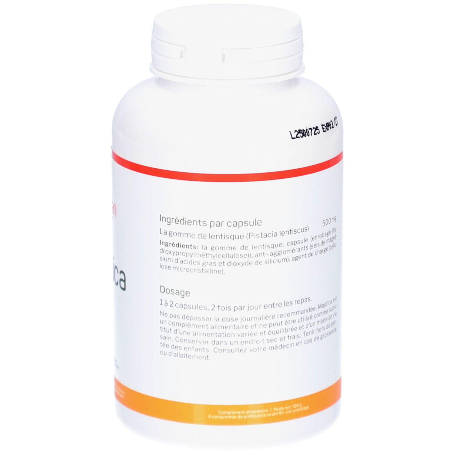 Dos du flacon blanc. Texte avec ingrédients et posologie. Bande rouge et orange. Date de péremption.