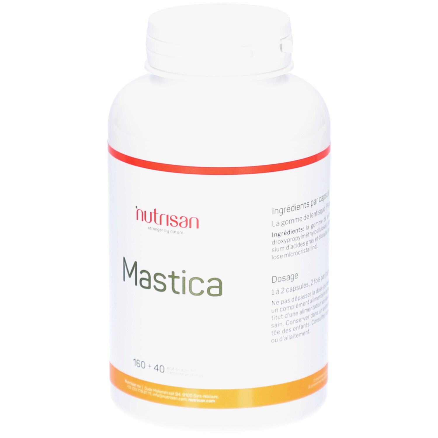 Flacon blanc avec bande rouge et orange. Inscription : Nutrisan Mastica, 160+40. Capsules.