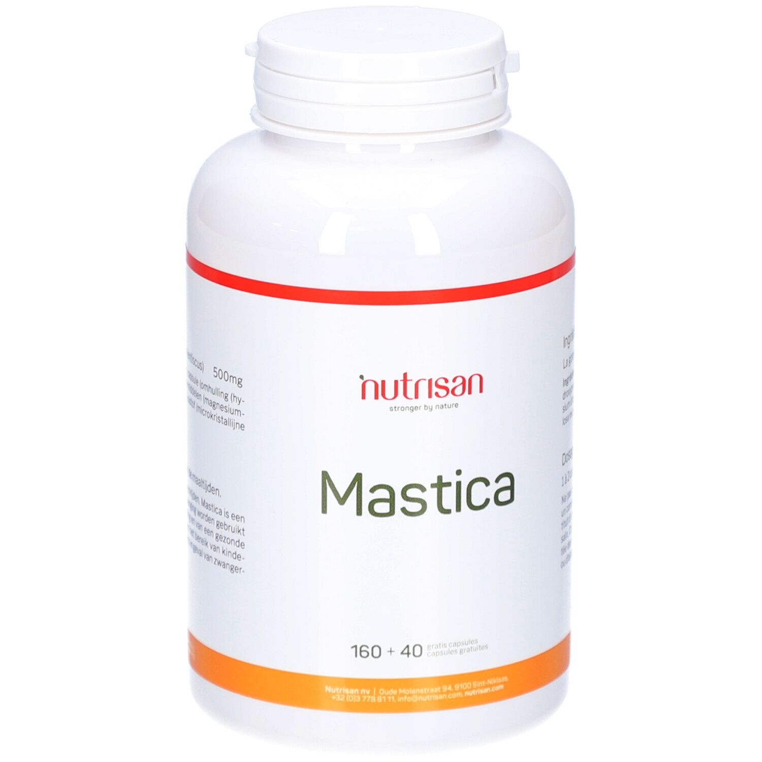 Flacon blanc avec bande rouge et orange. Inscription : Nutrisan Mastica, 160+40. Capsules.