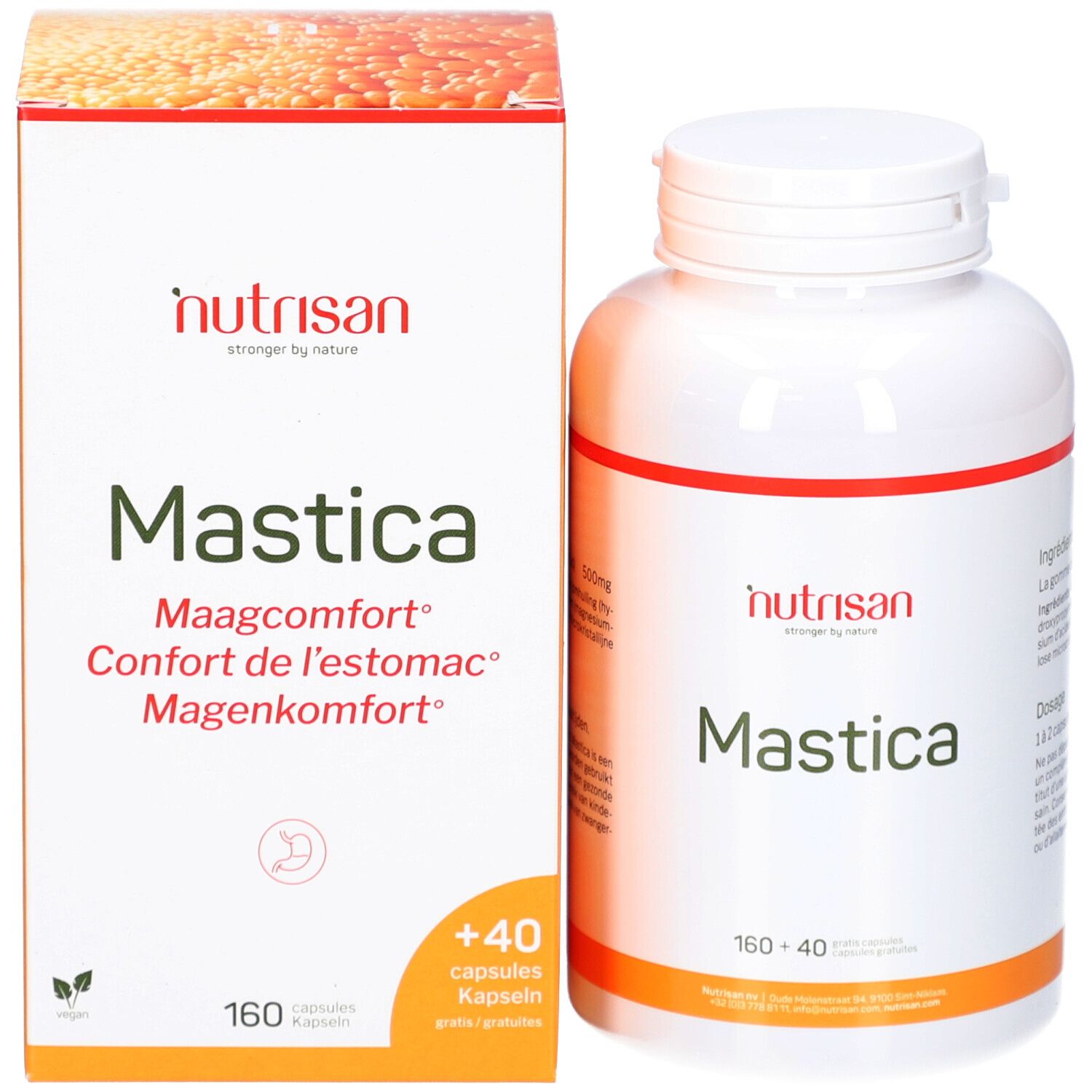 Emballage du produit avec flacon. Inscription : Nutrisan Mastica, 160+40. Capsules. Maagcomfort, Confort de l'estomac, Magenkomfort.
