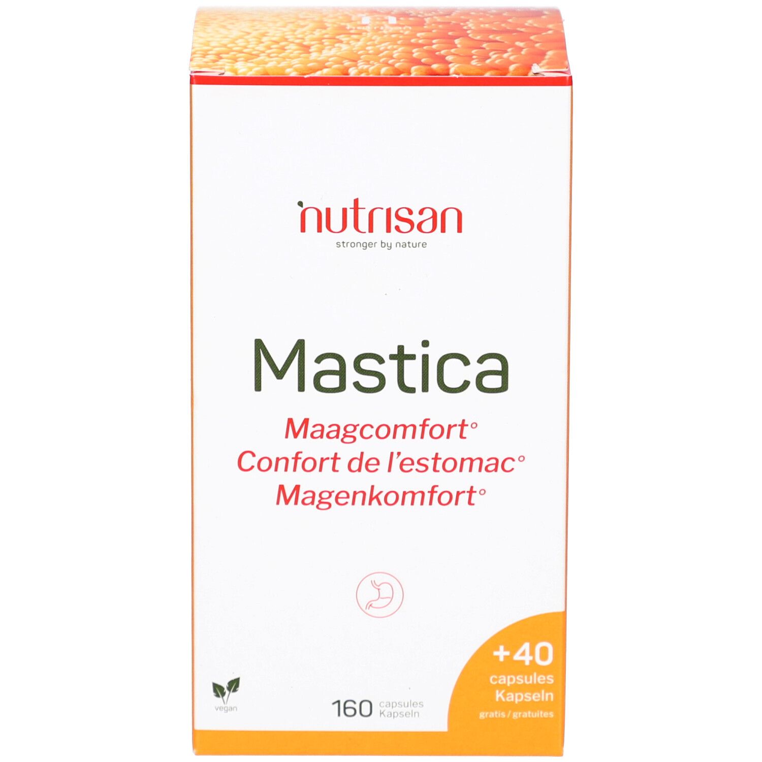 Emballage du produit. Inscription : Nutrisan Mastica, 160+40. Capsules. Maagcomfort, Confort de l'estomac, Magenkomfort.