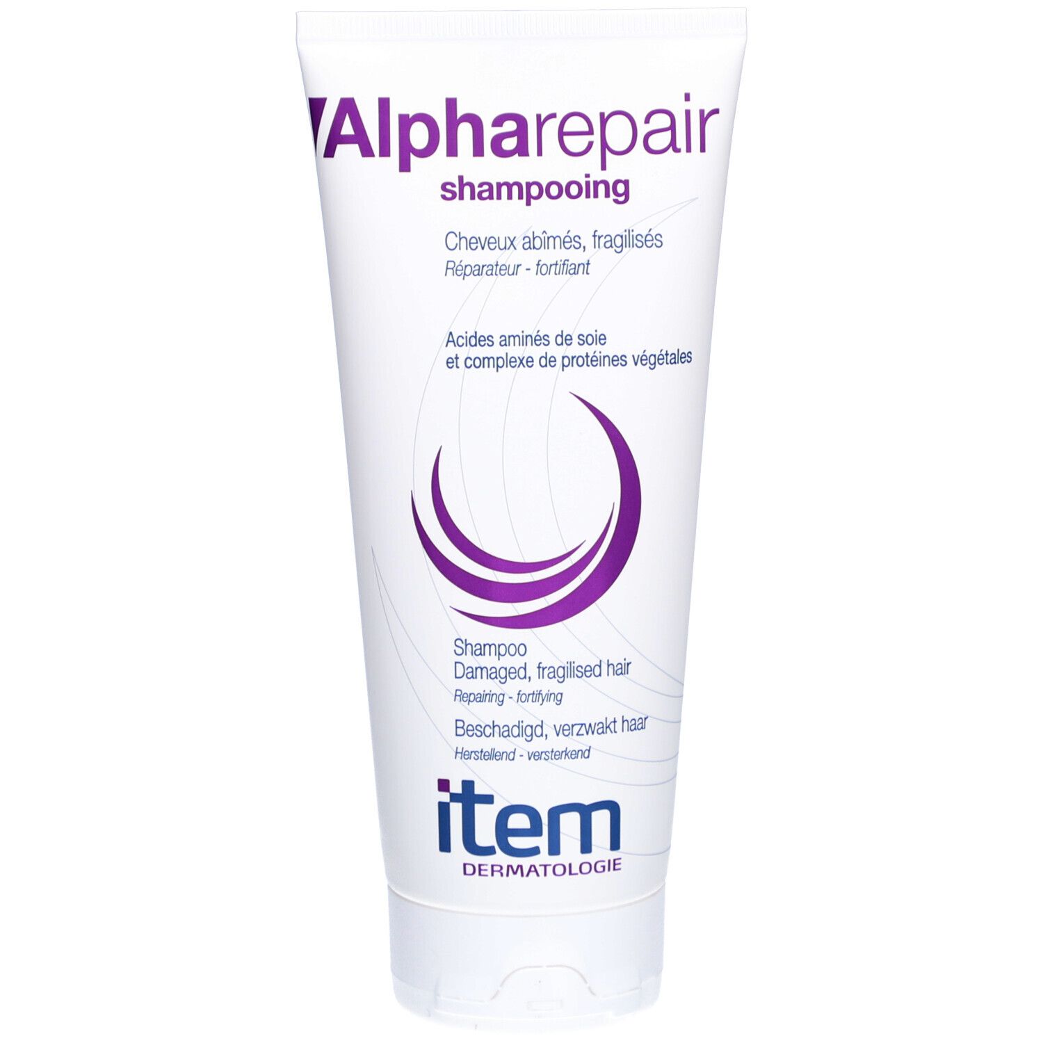 Tube blanc avec texte violet Alpharepair shampooing. Textes en français et néerlandais. Marque Item Dermatologie.
