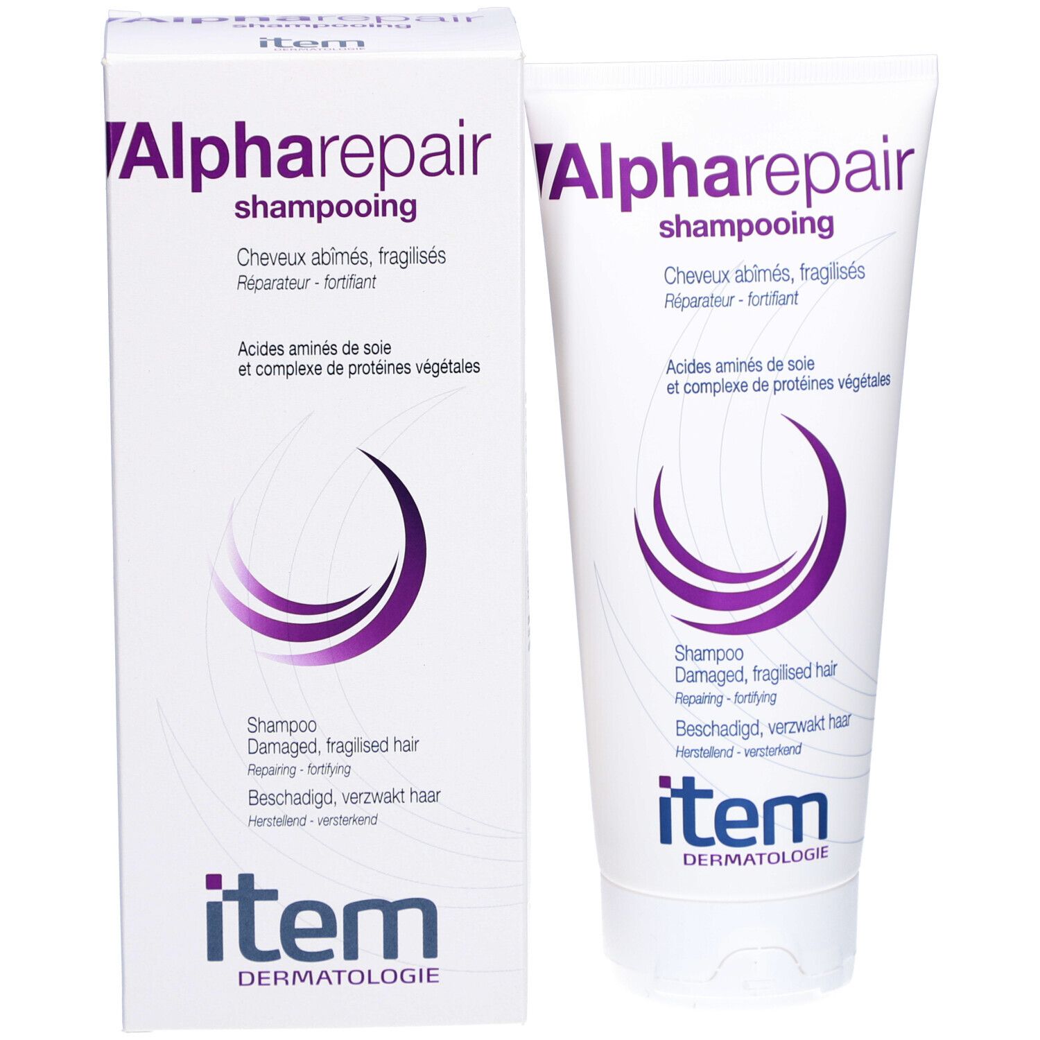 Emballage du produit : boîte et tube. Les deux avec texte violet Alpharepair shampooing. Marque Item Dermatologie.