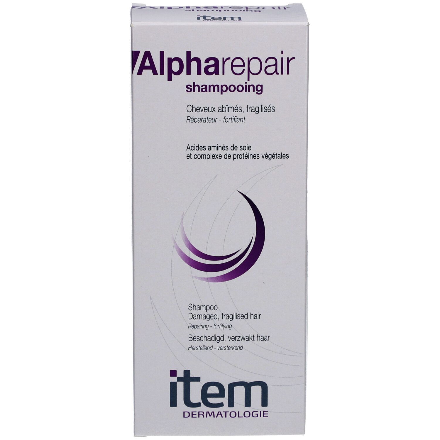 Emballage du produit : boîte avec texte violet Alpharepair shampooing. Marque Item Dermatologie.