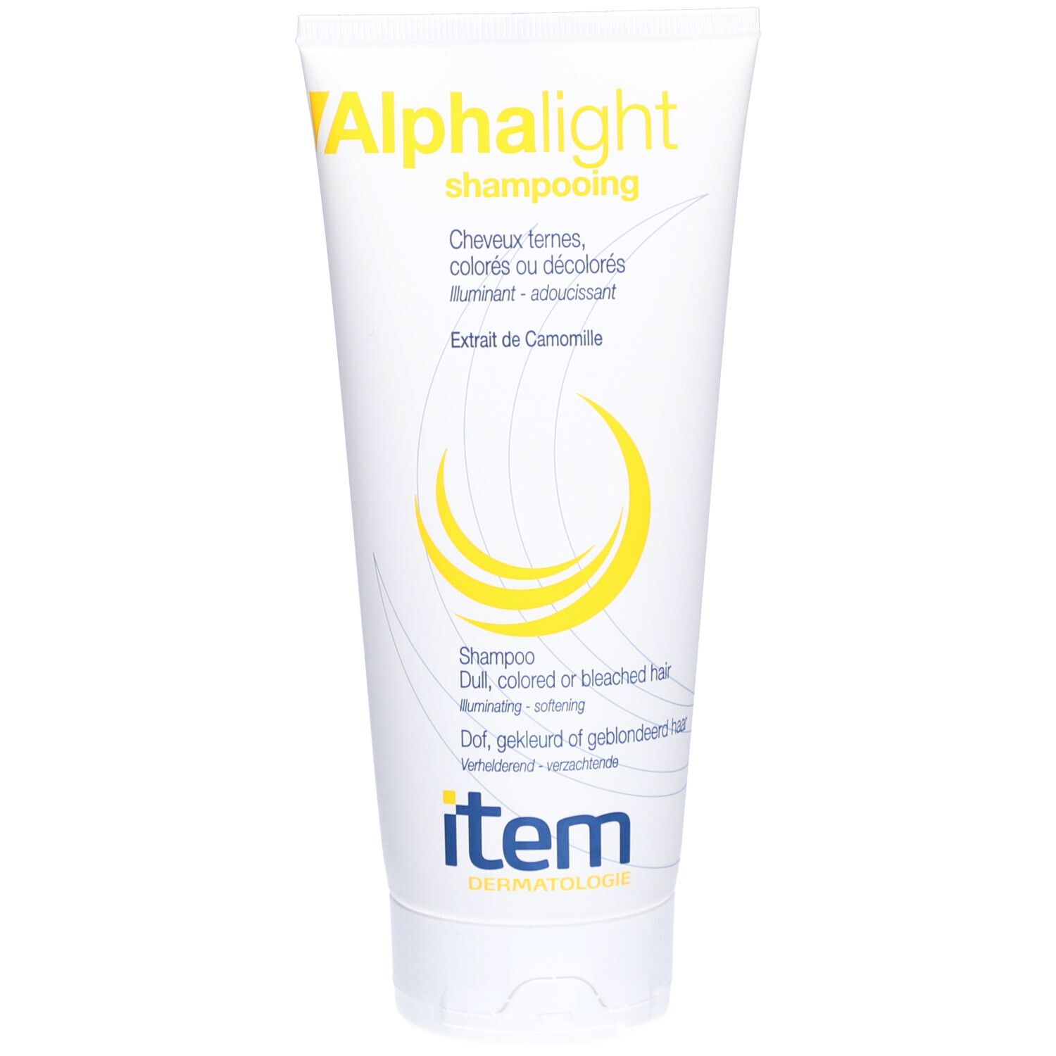 Tube blanc avec impression jaune. Contient un shampooing pour cheveux ternes, colorés ou décolorés. Marque : Item.