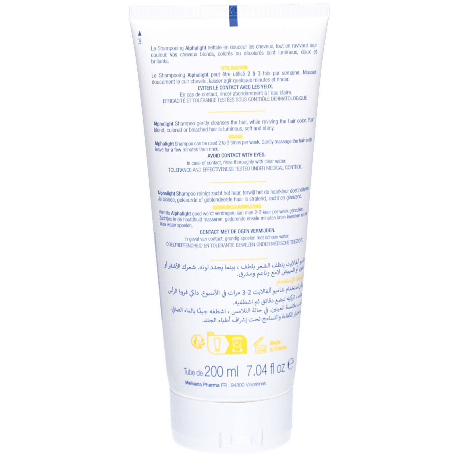 Dos d'un tube blanc avec texte. Contient des informations sur le shampooing Alphalight. Volume : 200 ml.