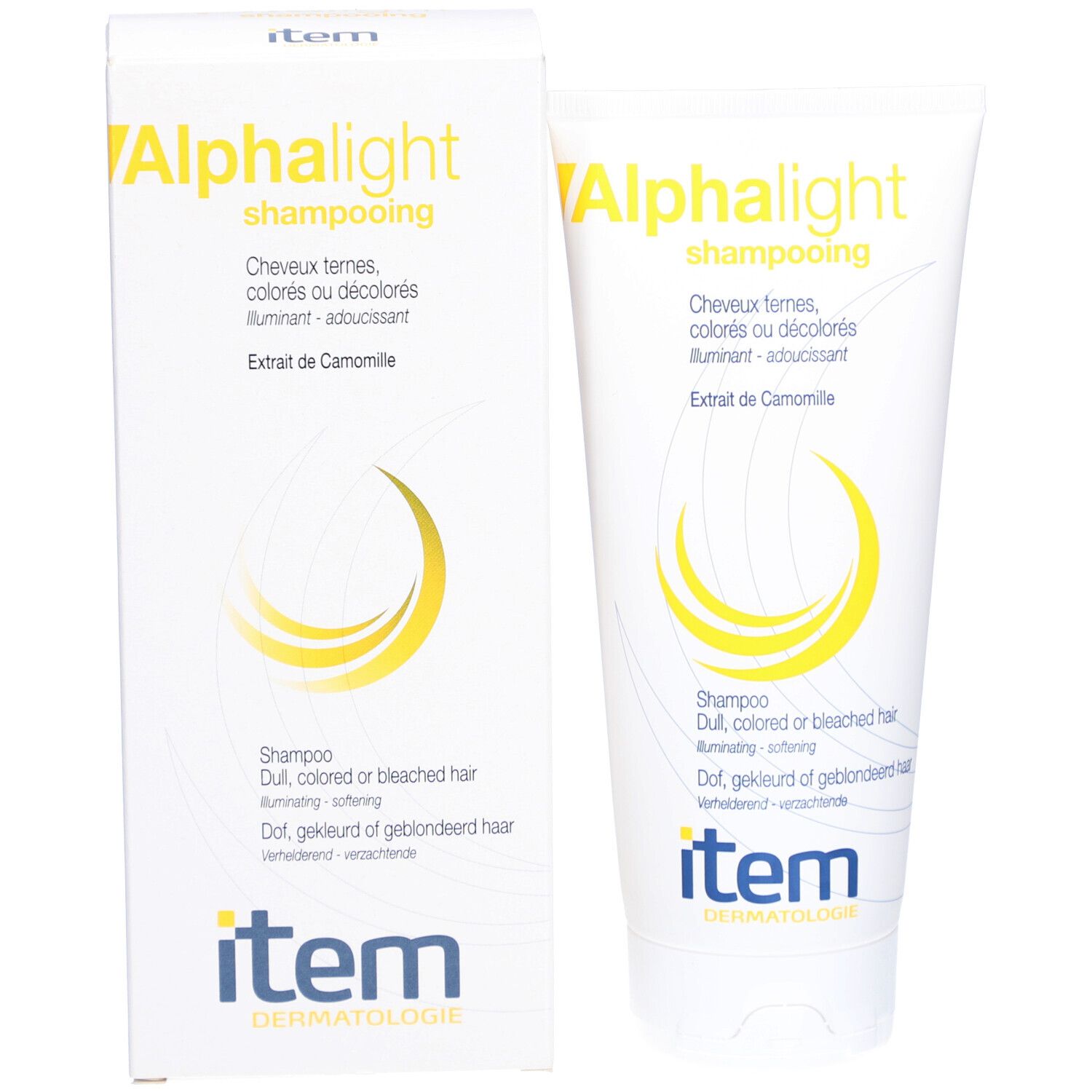 Emballage du produit avec tube et boîte. Les deux présentent le shampooing Alphalight. Marque : Item.