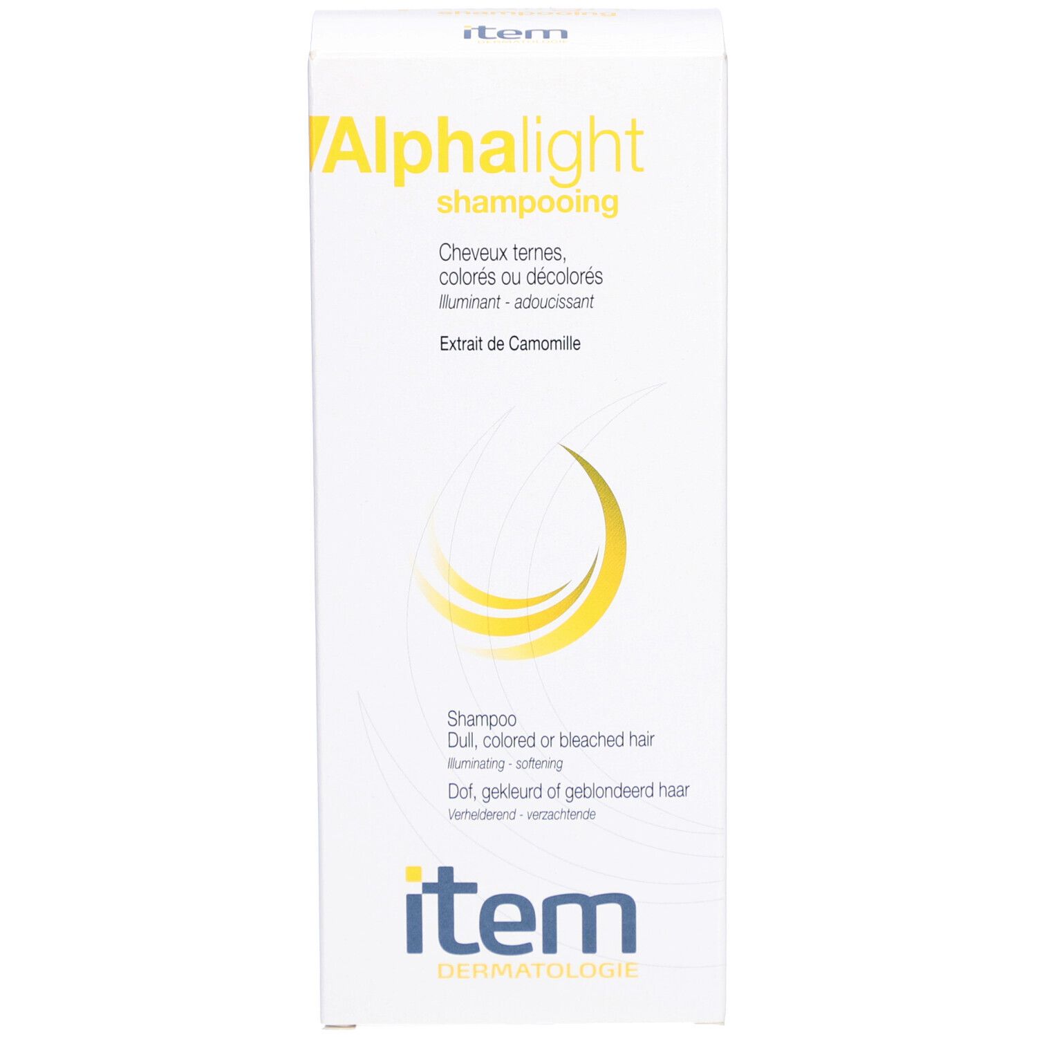Boîte blanche avec impression jaune. Contient le shampooing Alphalight. Marque : Item.