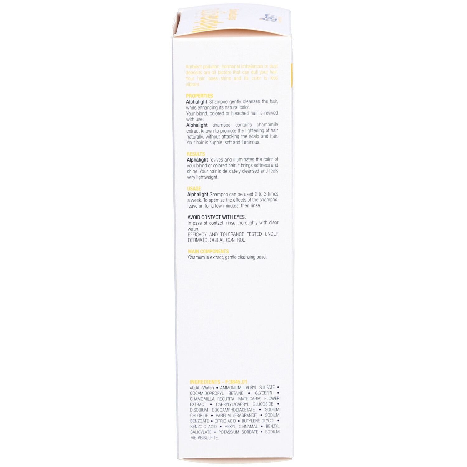 Côté d'une boîte blanche avec texte. Contient des informations sur le shampooing Alphalight. Ingrédients listés.