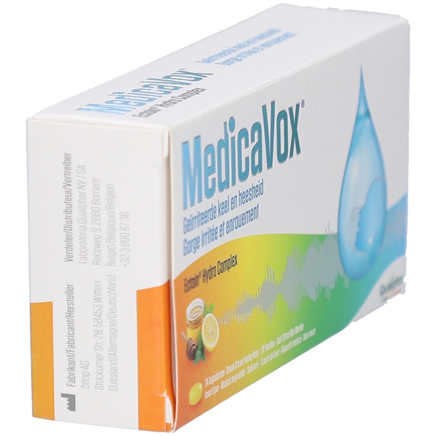 Boîte MedicaVox en biais. Carton blanc avec motif goutte bleue. Texte: MedicaVox, Ectoin Hydro Complex, Gorge irritée et enrouement.
