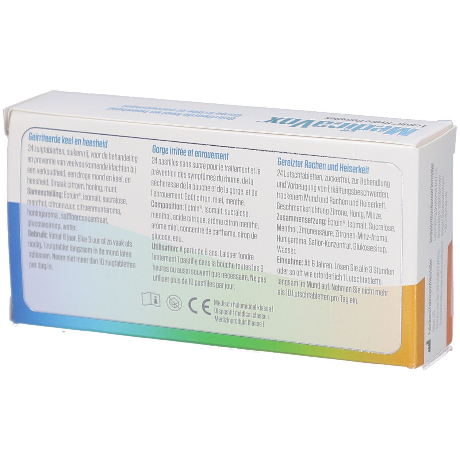 Dos de la boîte MedicaVox. Texte en allemand, français et néerlandais. Informations sur les ingrédients et l'utilisation.